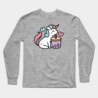 Cute Unicorn Sipping Bubble Tea - Kawaii Taro Boba Tea Long Sleeve T-Shirt